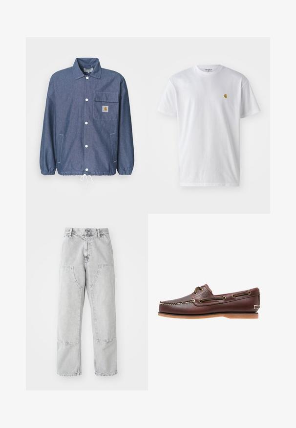 Chaqueta de mezclilla en azul oscuro con frente abotonado, bolsillo en el pecho, puños elásticos, dobladillo ajustable y parche con el logo de Carhartt en el bolsillo.; Camiseta de algodón blanca con mangas cortas, cuello redondo, que presenta un pequeño logo dorado en la parte izquierda del pecho. Textura suave y corte regular.; Pantalones de mezclilla gris claro con un corte holgado, que presentan grandes bolsillos laterales, costuras visibles y un diseño de pierna recta. Pasadores para cinturón en la cintura.; Zapato náutico de cuero marrón con costuras blancas, detalles de cordones y suela de goma color coñac, mostrado de lado sobre un fondo blanco.