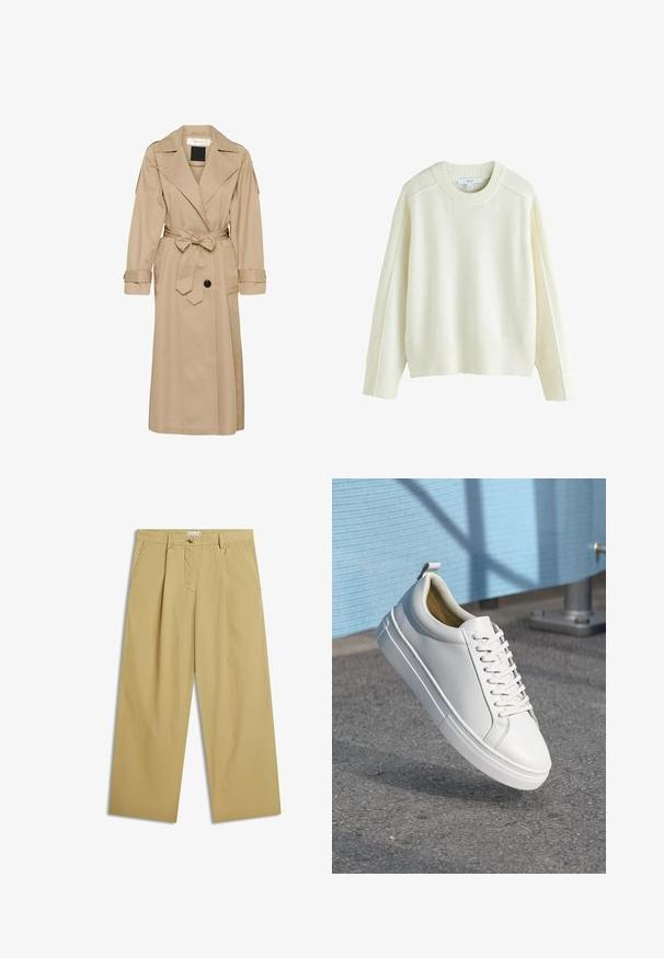 Beige trenchcoat lavet af letvægtsstof, med bælte i taljen, stort krave og knaplukning med to sidelommer.; Kremfarvet strikket sweater med ribstrikkede manchetter og kant, med rund halsudskæring og afslappet pasform. Blød tekstur, minimalistisk design, ingen mønstre.; Beige bukser med vide ben, forplisseringer foran, sidelommer, bæltestropper og knaplukning ved taljen.; Hvide lædersneakers med flade snørebånd, rund tå, gummisål og en lille løkke ved hælen. Glat tekstur med minimale designdetaljer.
