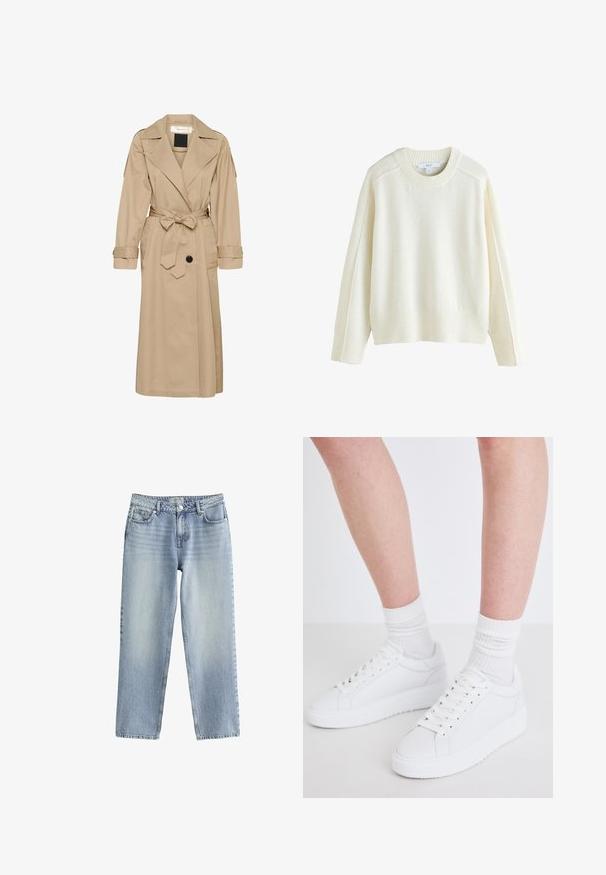 Beige trenchcoat lavet af letvægtsstof, med bælte i taljen, stort krave og knaplukning med to sidelommer.; Next CREW NECK - Striktrøje - ecru; Lysblå denim jeans med lige ben-design, høj talje og diskret falming. Har en knaplukning og standard fem-lomme stil.; Copenhagen Studios CPH72 - Sneakers - white