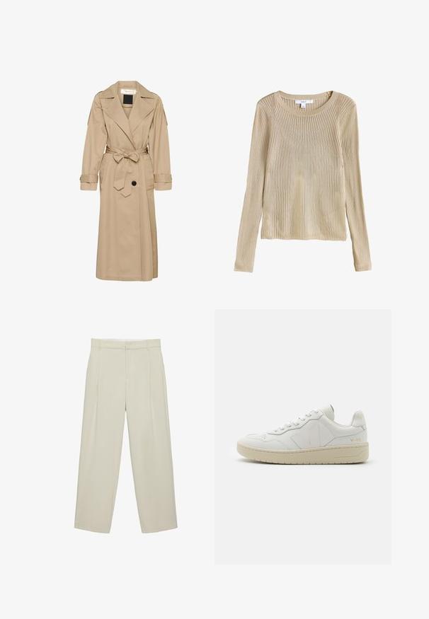 Beige trenchcoat lavet af letvægtsstof, med bælte i taljen, stort krave og knaplukning med to sidelommer.; Beige ribstrikket langærmet sweater med rund halsudskæring og slim fit, vist fladt med synligt mærke ved kraven.; Beige højtaljede skræddersyede bukser med sidelommer, bæltestropper og lynlås foran, i en rette bukseben pasform.; Hvide lædersneakers med perforeret tåboks, kontrasterende beige gummisål og logoer på siden og hælen. Minimalistisk design.