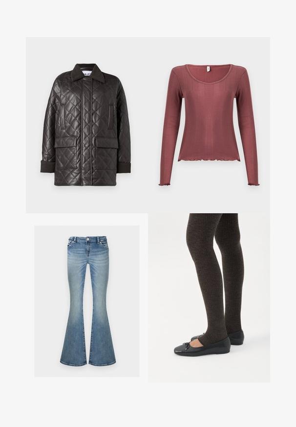 Veste en cuir synthétique marron matelassée avec un col, deux poches avant et des poignets en tricot. Présente une coupe décontractée et ample.; Haut à manches longues couleur rose poudré, texture côtelée, encolure dégagée, ourlets et poignets festonnés, confectionné en matière tricotée douce.; Jean en denim bleu clair délavé avec une taille haute et des jambes larges évasées, avec des poches avant et une fermeture par bouton.; Jambes portant des leggings côtelés foncés associés à des ballerines noires avec de petits détails en nœud sur fond blanc.