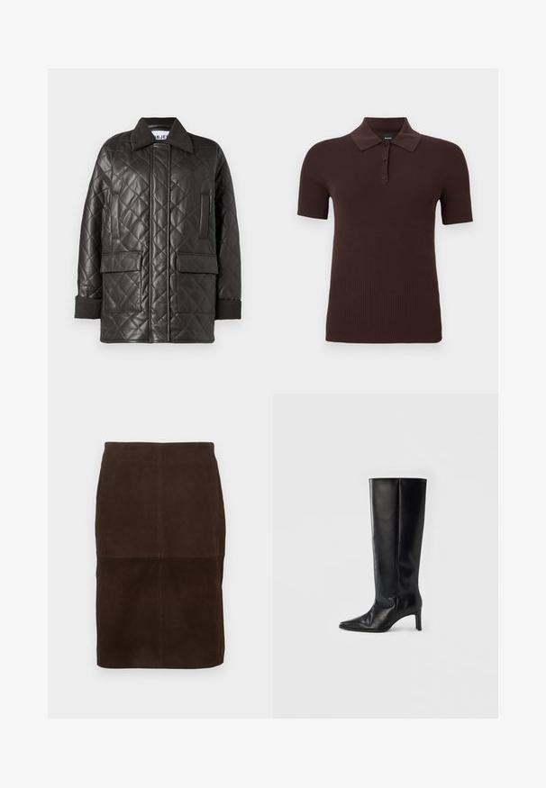Veste en cuir synthétique marron matelassée avec un col, deux poches avant et des poignets en tricot. Présente une coupe décontractée et ample.; Polo en maille côtelée à manches courtes de couleur brun foncé avec trois boutons et un col classique, présenté sur un fond uni.; Jupe crayon en daim marron foncé avec des détails de coutures visibles, longueur genoux, présentée sur un fond clair.; Bottes noires montantes en cuir lisse, avec un bout pointu et un talon fin, une tige ajustée et un design minimaliste.