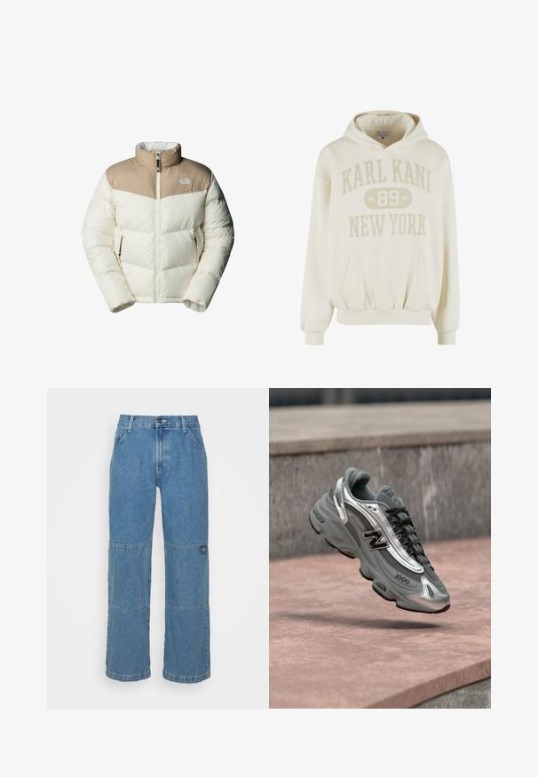 The North Face M SAIKURU JACKET - Talvitakki - mushroom grey/white dun; Valkoinen huppari, jossa on etutasku, resorit hihansuissa ja helmassa sekä teksti "KARL KANI 89 NEW YORK" edessä.; Vaaleansiniset farkut, joissa on rento malli. Farkuissa on aplikoituja paneeleja, yläpainike suljenta, viisi taskua ja huomaamaton brändäys jalassa.; Harmaa ja hopeanvärinen New Balancen lenkkikenkä, jossa lukee "1000", leijuu vaaleanpunertavan kivipinnan yllä harmaan kiviseinän taustalla.
