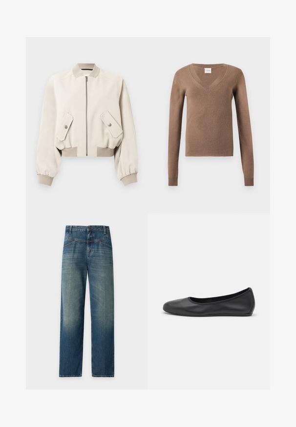 Veste bomber beige clair avec fermeture éclair à l'avant, deux poches à rabat avec boutons-pression, col, poignets et ourlet côtelés.; Pull marron à manches longues avec col en V, poignets côtelés et petite étiquette cousue à l'encolure.; Jean en denim bleu avec une coupe droite, bouton et fermeture éclair à l’avant, et des détails légèrement délavés sur les cuisses et les genoux.; Ballerines en cuir noir avec un bout rond, texture lisse, détails de couture minimalistes et design de semelle flexible.