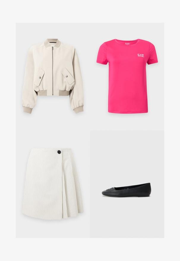 Veste bomber beige clair avec fermeture éclair à l'avant, deux poches à rabat avec boutons-pression, col, poignets et ourlet côtelés.; T-shirt rose vif à manches courtes avec encolure ronde et petit logo blanc EA7 Emporio Armani sur la partie supérieure gauche de la poitrine.; Mini-jupe blanche à fines rayures noires verticales, détail plissé sur le côté droit et un seul bouton noir à la taille.; Ballerine en cuir noir avec une texture lisse, bout arrondi et décoration subtile à l'avant. Talon plat et bas.