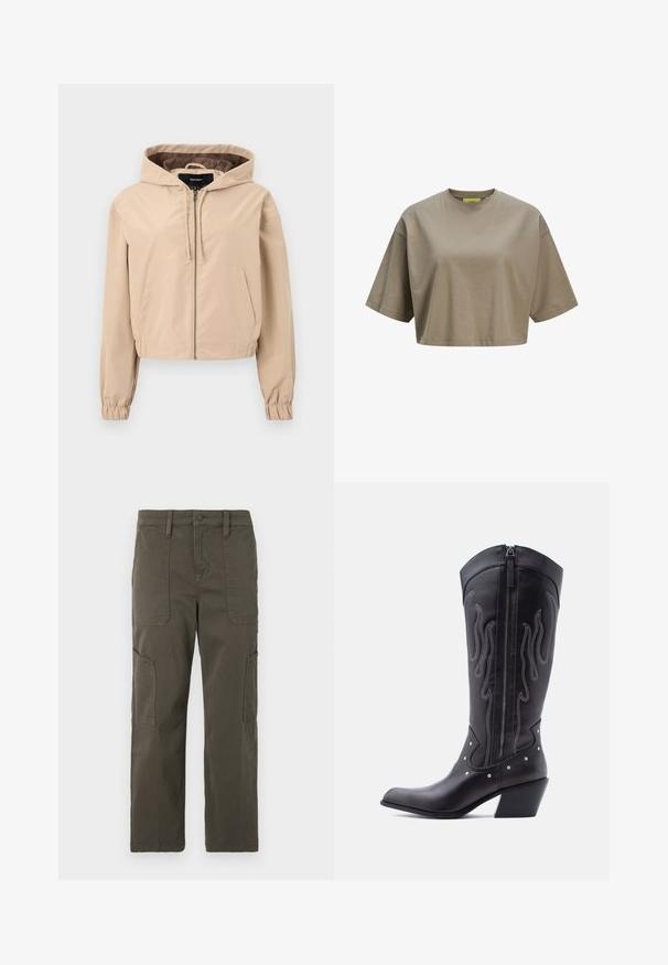 Afskåret beige jakke lavet af et glat, let materiale. Har hætte, lynlås og elastiske håndledsnitter. To forlommer.; Brun cropped t-shirt lavet af blødt bomuld, med rund halsudskæring og korte ærmer. Glat tekstur med diskrete sydetaljer.; Good American CROPPED PANTS - Cargobukser - fatigue; Sorte cowboystøvler i læder med spids tå, synlige sømme, sølvfarvede nitte-detaljer og lynlås på den indvendige side.