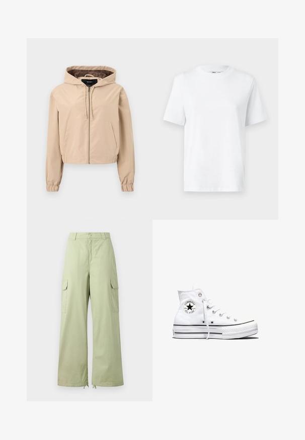 Afskåret beige jakke lavet af et glat, let materiale. Har hætte, lynlås og elastiske håndledsnitter. To forlommer.; Hvid bomulds T-shirt med rund hals, kortærmet og en glat tekstur. Designet med en afslappet pasform for komfort og alsidighed.; Lysegrønne cargo bukser med brede ben, lavet af bomuld. Har to sidelommer og knaplukning. Glat tekstur og afslappet design.; Hvid højtop Converse Chuck Taylor All Star-sneaker med sort logo-patch og hvide snørebånd, vist på hvid baggrund.