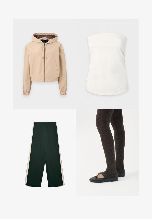 Veste beige cintrée en matériau lisse et léger. Dispose d'une capuche, d'une fermeture éclair et de poignets élastiques. Deux poches avant.; Top tube blanc sans bretelles avec tissu lisse et ourlet légèrement incurvé en bas, présenté sur un fond uni.; Pantalon large vert foncé avec des bandes blanches sur les côtés, devant plat et sans poches visibles, posé à plat sur fond blanc.; Jambes portant des leggings côtelés foncés associés à des ballerines noires avec de petits détails en nœud sur fond blanc.