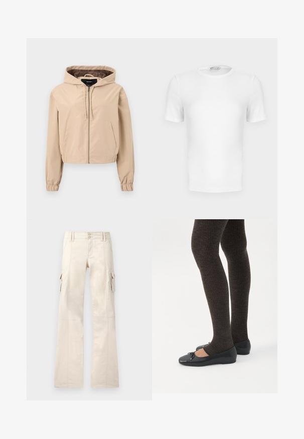 Afskåret beige jakke lavet af et glat, let materiale. Har hætte, lynlås og elastiske håndledsnitter. To forlommer.; Hvid ribstrikket T-shirt med korte ærmer, rund hals og tætsiddende pasform samt en lille mærkeetiket inde i kraven.; Beige cargobukser med vide ben, lukning med knapper foran, bæltestropper og klaplommer på begge sider.; Ben iført mørke ribbede leggings kombineret med sorte balletsko med små sløjfedetaljer på hvid baggrund.
