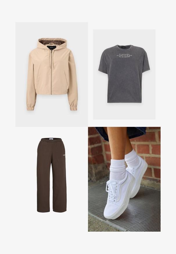 Veste beige cintrée en matériau lisse et léger. Dispose d'une capuche, d'une fermeture éclair et de poignets élastiques. Deux poches avant.; Even&Odd by Zalando TONIA TEE - T-shirt imprimé - black; Pantalon de survêtement marron à jambes larges avec taille élastique et petit logo texte blanc sur la cuisse supérieure, sur fond blanc.; Baskets en toile blanches avec semelles en caoutchouc, dotées de six œillets, d'un bout rond et de détails de couture légers, portées avec des chaussettes blanches mi-mollet.