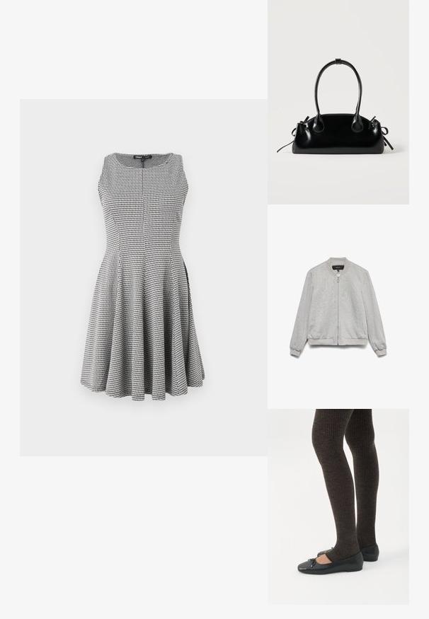 Veste bomber gris clair avec fermeture éclair à l'avant, col, poignets et ourlet côtelés, et deux poches latérales, présentée sur un fond blanc.; Robe sans manches à carreaux noir et blanc avec un corsage ajusté et une jupe évasée, texture lisse et détails de couture subtils.; Jambes portant des leggings côtelés foncés associés à des ballerines noires avec de petits détails en nœud sur fond blanc.; Petit sac à main noir brillant avec deux longues anses et des détails à cordon sur les côtés sur un fond clair uni.