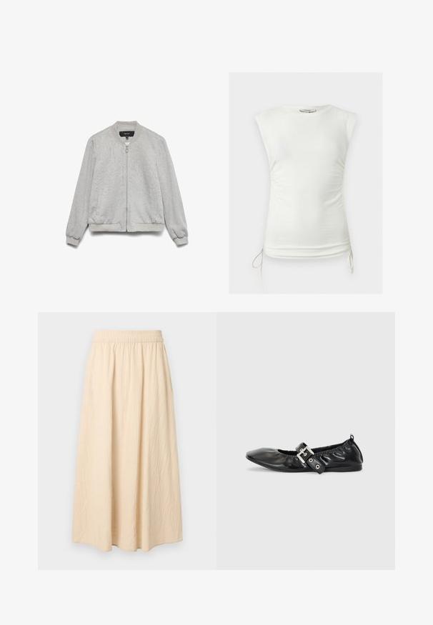 Chaqueta bomber gris claro con cremallera frontal, cuello, puños y dobladillo acanalados, y dos bolsillos laterales, exhibida sobre un fondo blanco.; Top blanco sin mangas con fruncidos y cordones en el dobladillo, con escote redondo, presentado sobre fondo liso.; Falda larga beige con cintura elástica, tejido de textura suave y una silueta suelta y fluida.; Zapato plano de piel negra con puntera afilada, detalle fruncido alrededor de la abertura y un acento de hebilla plateada en la correa ajustable.