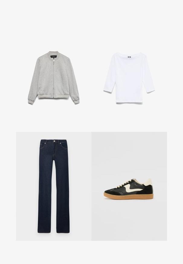 Chaqueta bomber gris claro con cremallera frontal, cuello, puños y dobladillo acanalados, y dos bolsillos laterales, exhibida sobre un fondo blanco.; Camisa blanca de manga tres cuartos hecha de una mezcla de algodón; presenta un amplio escote barco y una textura suave y ligera.; Vaqueros de pierna recta azul oscuro con bolsillos delanteros, trabillas para el cinturón, botón metálico y detalles de costura sobre un fondo blanco liso.; Zapatillas de deporte de ante y cuero negro con un swoosh lateral en crema y un talón en crema claro. Presenta cordones beige y una suela de goma marrón.