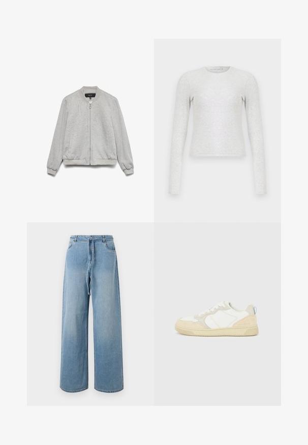 Veste bomber gris clair avec fermeture éclair à l'avant, col, poignets et ourlet côtelés, et deux poches latérales, présentée sur un fond blanc.; T-shirt gris à manches longues en tissu doux et extensible. Présente un col rond et une coupe ajustée. Texture lisse sans motifs.; Jean large en denim bleu clair avec taille haute, comportant des poches avant, une ceinture à nouer et une texture délavée.; Baskets blanches et beiges avec dessus en suède et textile, présentant des coutures contrastées, une semelle en caoutchouc et un accent bleu clair sur le talon.