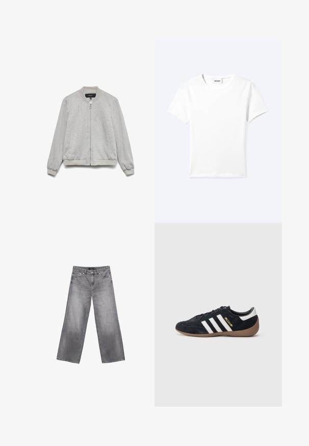 Veste bomber gris clair avec fermeture éclair à l'avant, col, poignets et ourlet côtelés, et deux poches latérales, présentée sur un fond blanc.; T-shirt blanc uni à manches courtes et col rond avec une petite étiquette "WEEKDAY" à l'intérieur de l'encolure, présenté à plat sur un fond clair.; Jeans gris à jambes larges avec poches avant, passants de ceinture et fermeture par bouton, présentant des détails délavés sur les cuisses et les genoux.; Baskets en daim noir avec trois bandes blanches, semelle en caoutchouc beige, et un petit logo doré sur le côté. Dotées d'une doublure intérieure noire lisse.