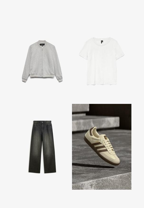 Veste bomber gris clair avec fermeture éclair à l'avant, col, poignets et ourlet côtelés, et deux poches latérales, présentée sur un fond blanc.; T-shirt blanc à manches courtes avec un col rond, fabriqué en tissu léger. Design simple, texture lisse et ourlet droit.; Jeans évasés en denim gris foncé avec une finition délavée, un design à cinq poches et une fermeture à bouton à la taille.; Baskets couleur crème avec accents marron, bandes latérales texturées et finition en cuir lisse. Dotées d'un design à lacets et d'une semelle en caoutchouc.