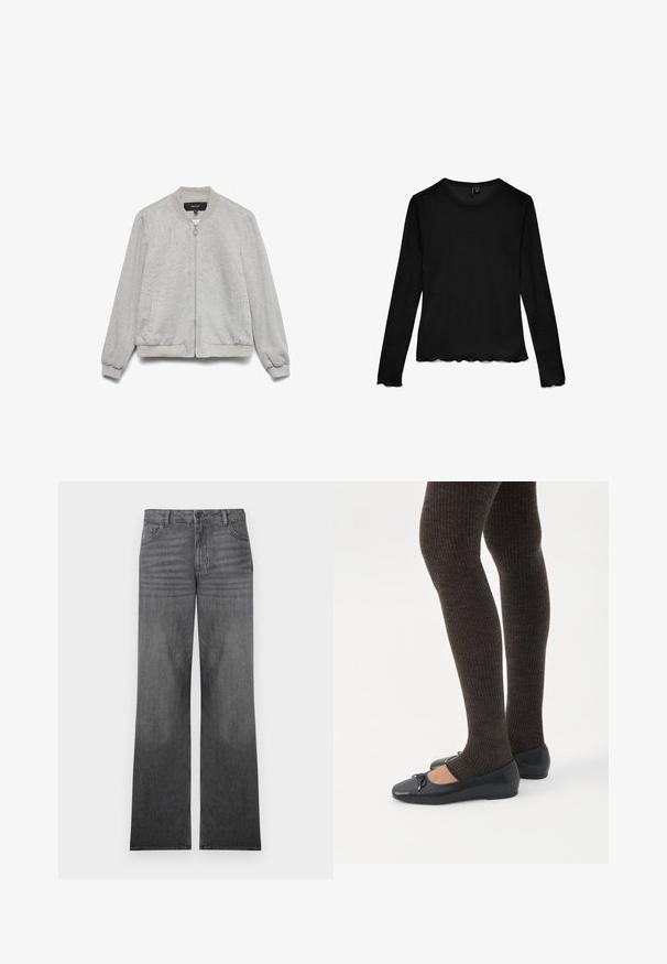 Chaqueta bomber gris claro con cremallera frontal, cuello, puños y dobladillo acanalados, y dos bolsillos laterales, exhibida sobre un fondo blanco.; Camiseta negra de manga larga con cuello redondo y bordes en forma de ondas en las mangas y el dobladillo, colocada plana sobre un fondo blanco.; Pantalones vaqueros de pierna ancha en denim gris con un lavado medio, que presentan un diseño de cinco bolsillos, cierre frontal con botón y detalles de costura sutiles.; Piernas con leggings oscuros acanalados combinados con bailarinas negras que presentan pequeños detalles de lazo sobre un fondo blanco.