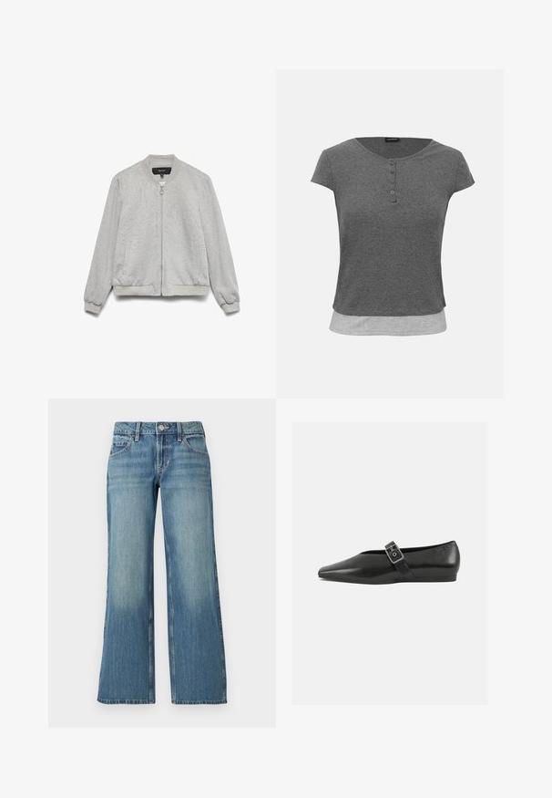 Veste bomber gris clair avec fermeture éclair à l'avant, col, poignets et ourlet côtelés, et deux poches latérales, présentée sur un fond blanc.; Haut en maille côtelée manches courtes gris foncé avec encolure ronde, patte à quatre boutons et détail d’ourlet superposé gris clair.; Jean en denim bleu clair à coupe large, avec une taille mi-haute, des poches avant et un léger délavage, affichant une texture lisse.; Chaussure plate en cuir noir avec un orteil pointu, présentant une sangle à boucle métallique sur le cou-de-pied et une semelle basse et flexible.