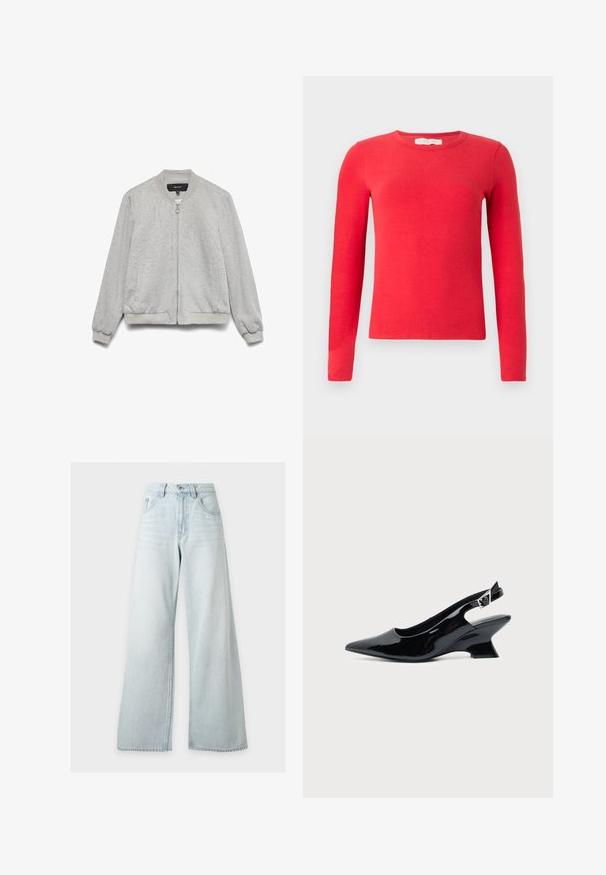 Chaqueta bomber gris claro con cremallera frontal, cuello, puños y dobladillo acanalados, y dos bolsillos laterales, exhibida sobre un fondo blanco.; Jersey rojo de manga larga con cuello redondo, de corte ajustado y diseño liso, presentado sobre un fondo blanco.; Vaqueros de pierna ancha y cintura alta de color azul claro con botones y cremallera delanteros, bolsillos delanteros y trabillas para cinturón sobre un fondo blanco.; Zapato slingback de cuero charol negro con puntera puntiaguda y tacón bajo en bloque inclinado sobre fondo claro liso.