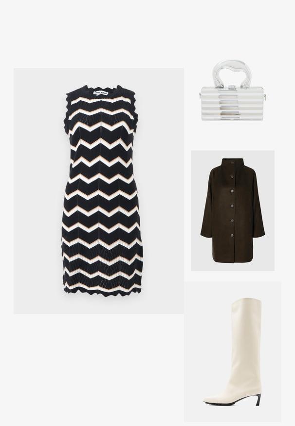 Brun uldblandingsfrakke med høj krave, seks sorte knapper og sidelommer. Designet har en afslappet silhuet med brede ærmer.; Ærmeløs sort strikket kjole med hvide og beige zigzag-striber, bølgede kanter og DKNY Jeans-mærke ved nakken.; Knæhøj hvid støvle lavet af glat materiale med spids tå og slank sort hæl. Har et enkelt design og minimal branding.; Metallic sølv håndtaske med rektangulær form, udstyret med vandrette riller, et buet håndtag og en låsemekanisme på fronten.