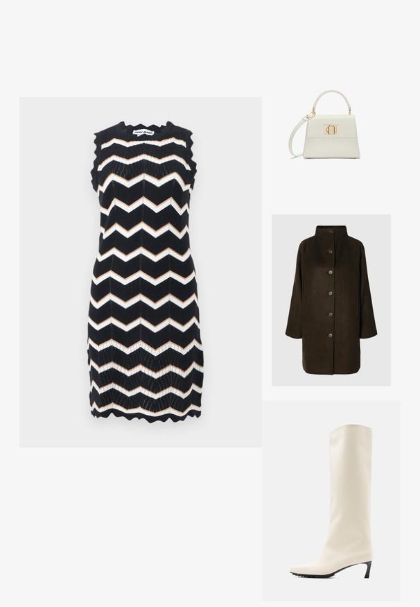 Brun uldblandingsfrakke med høj krave, seks sorte knapper og sidelommer. Designet har en afslappet silhuet med brede ærmer.; Ærmeløs sort strikket kjole med hvide og beige zigzag-striber, bølgede kanter og DKNY Jeans-mærke ved nakken.; Knæhøj hvid støvle lavet af glat materiale med spids tå og slank sort hæl. Har et enkelt design og minimal branding.; Lille hvid håndtaske med topgreb, aftagelig skulderrem og guld rektangulært spænde på frontklap.