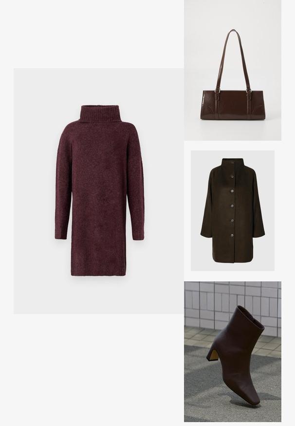 Brun uldblandingsfrakke med høj krave, seks sorte knapper og sidelommer. Designet har en afslappet silhuet med brede ærmer.; Bourgogne strikket sweaterkjole med høj ribbet krave, lange ærmer og løs pasform. Blød tekstur med en let børstet finish.; Mørkebrun læderankelstøvle med blokhæl stående på tekstureret belægning, lysfarvet flisevæg i baggrunden.; Brun lakeret håndtaske med rektangulær form, to lange håndtag og subtile buede detaljer på fronten.