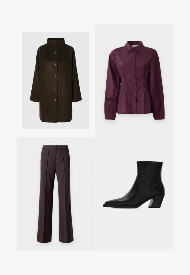 Brun uldblandingsfrakke med høj krave, seks sorte knapper og sidelommer. Designet har en afslappet silhuet med brede ærmer.; Burgundy skjorte med lange ærmer, klassisk krave og plisserede detaljer ved taljen. Glat stof med subtil glans.; Bredde bukser i mørkebrun stof har en skræddersyet design med forreste plisseringer og en glat tekstur, der egner sig til formelle lejligheder.; Sortlæder ankelstøvle med spids tå, en slank silhuet og en kraftig firkantet hæl. Glat tekstur med minimale stikninger.