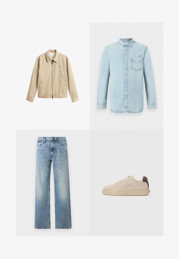 Veste casual beige pour homme avec fermeture éclair devant, col pointu, deux poches avant et petit logo brodé sur la poitrine.; Chemise en denim bleu clair à manches longues, fermeture boutonnée devant, une poche poitrine simple avec le logo Calvin Klein, et un col pointu.; Jean droit en denim bleu clair avec taille haute, cinq poches, fermeture à boutons et léger délavage sur les cuisses et les genoux.; Baskets en daim beige avec un bout rond, lacets à l'avant et un accent en daim marron sur le talon. Dotées d'une semelle en caoutchouc texturé.