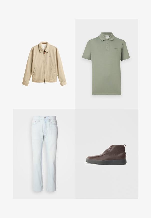 Veste casual beige pour homme avec fermeture éclair devant, col pointu, deux poches avant et petit logo brodé sur la poitrine.; Polo vert olive à manches courtes avec trois boutons et petit logo Calvin Klein sur le côté gauche de la poitrine.; Jean en denim bleu clair avec une coupe droite. Présente une fermeture à bouton et des passants de ceinture, mettant en valeur une texture décolorée et des coutures minimalistes.; Bottines en cuir marron avec une surface texturée, un bout arrondi et doux, et une semelle en caoutchouc grise, dotées de deux œillets pour les lacets.