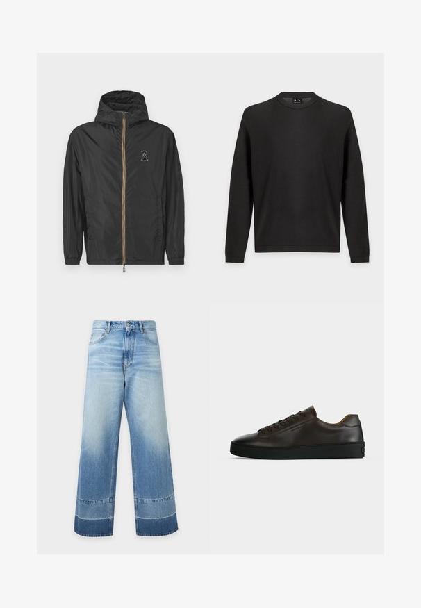Veste à capuche légère noire avec fermeture éclair sur le devant et logo Armani Exchange sur le côté gauche de la poitrine, sur fond blanc uni.; Pull noir texturé à manches longues avec col rond, poignets et ourlet côtelés sur fond gris clair.; Jean en denim bleu clair à coupe large avec des détails délavés et des blocs de couleur plus foncés près de l'ourlet, bouton devant et poches visibles.; Baskets basses en cuir marron foncé avec semelle en caoutchouc noire, lacets à l'avant et design minimaliste épuré sur fond clair.