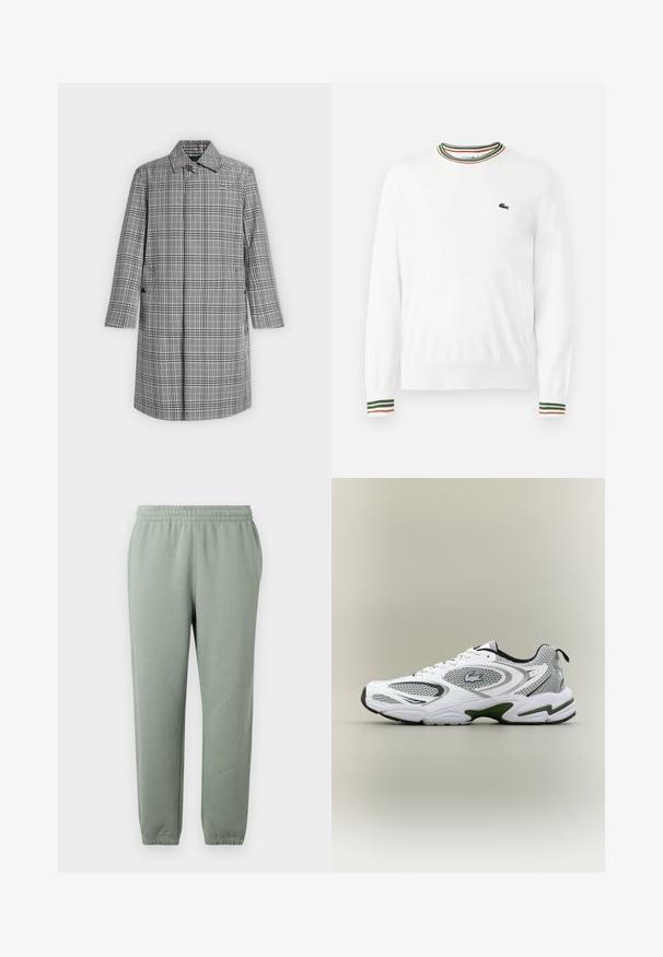Long manteau à carreaux gris et blanc avec col, fermeture par boutons sur le devant, poches latérales et petit logo crocodile sur la poitrine.; Pull blanc à col rond, avec des accents rayés verts, rouges et oranges sur le col et les manches. Logo Lacoste sur la poitrine.; Pantalons de survêtement vert clair avec une taille élastique, des jambes effilées et des ourlets de cheville côtelés. Fabriqués en tissu doux et léger.; Baskets de course blanches et grises avec des panneaux en mesh, accents verts, détails noirs et un logo sur le côté, présentées par l'extérieur.