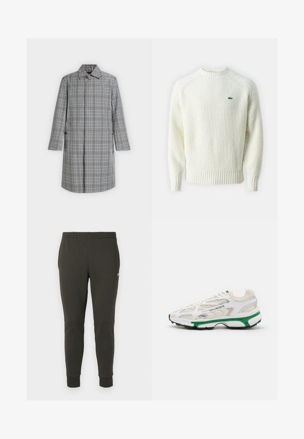 Long manteau à carreaux gris et blanc avec col, fermeture par boutons sur le devant, poches latérales et petit logo crocodile sur la poitrine.; Pull en maille côtelée crème avec un col rond et des manches longues. Présente un petit logo vert sur la poitrine et un tissu texturé.; Jogging en vert foncé en tissu doux, avec une taille élastique, des poignets côtelés et un petit logo sur le côté.; Sneaker blanc avec accents verts et semelle en caoutchouc noir. Comprend des panneaux en mesh et en synthétique, avec une finition texturée et des coutures visibles.