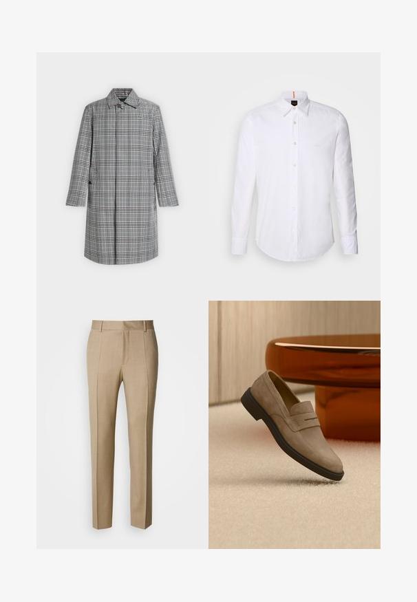 Long manteau à carreaux gris et blanc avec col, fermeture par boutons sur le devant, poches latérales et petit logo crocodile sur la poitrine.; Chemise blanche à manches longues et à boutons en coton, avec un col classique, un logo discret près de la poitrine et des boutons blancs.; Pantalon beige sur mesure en tissu texturé, à front plat et jambes droites. Comprend des poches latérales et des passants pour ceinture, offrant un look élégant.; Mocassin en daim beige à semelle noire flottant au-dessus d'un sol moquetté clair, à côté d'une table basse ovale brillante marron dans une pièce moderne.