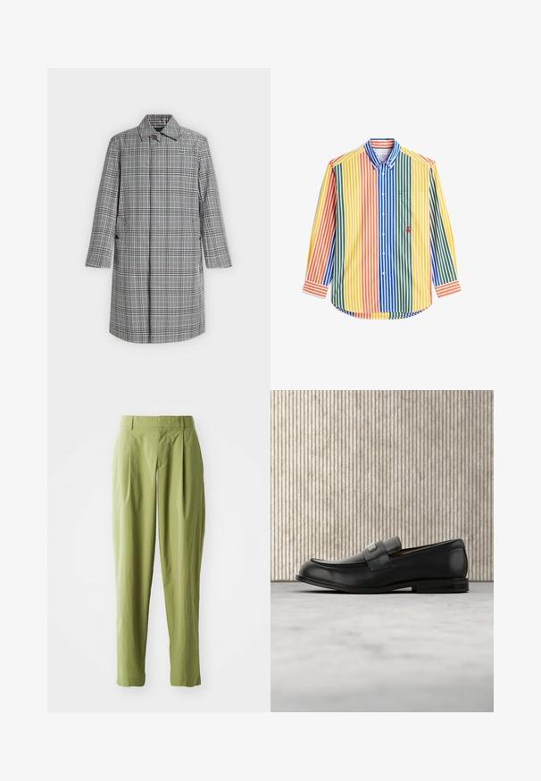 Long manteau à carreaux gris et blanc avec col, fermeture par boutons sur le devant, poches latérales et petit logo crocodile sur la poitrine.; Chemise à manches longues boutonnée avec des rayures verticales orange, jaune, verte, bleue et blanche, comprenant une poche poitrine et un col boutonné.; Pantalons vert clair en tissu texturé, présentant une coupe droite, des plis à l'avant et une taille standard.; Mocassin en cuir noir avec une plaque de marque en métal reposant près d'une table ronde marron sur un sol recouvert de moquette beige.
