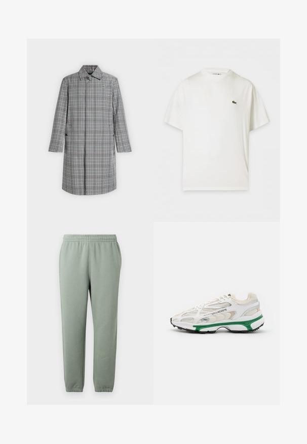 Long manteau à carreaux gris et blanc avec col, fermeture par boutons sur le devant, poches latérales et petit logo crocodile sur la poitrine.; T-shirt blanc à manches courtes avec col rond et petit logo crocodile vert sur la poitrine gauche.; Pantalons de survêtement vert clair avec une taille élastique, des jambes effilées et des ourlets de cheville côtelés. Fabriqués en tissu doux et léger.; Sneaker blanc avec accents verts et semelle en caoutchouc noir. Comprend des panneaux en mesh et en synthétique, avec une finition texturée et des coutures visibles.