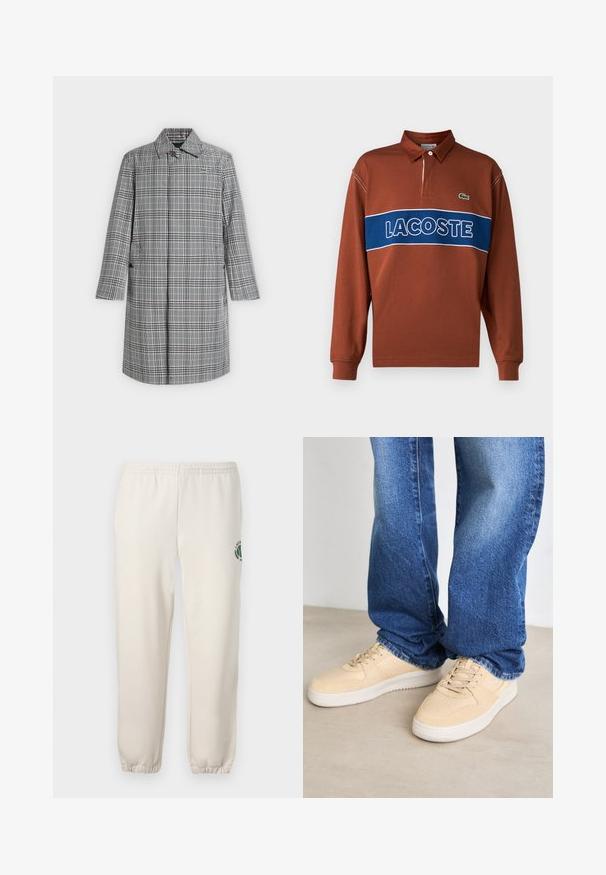 Long manteau à carreaux gris et blanc avec col, fermeture par boutons sur le devant, poches latérales et petit logo crocodile sur la poitrine.; Polo à manches longues en brun rouille avec une rayure horizontale bleue comportant le texte blanc "LACOSTE". Comprend un col et un détail de logo vert.; Pantalon de jogging beige clair en coton, doté d'une taille élastique, de poignets en côtes et d'un logo vert avec un design de feuille sur la jambe gauche.; Baskets beiges avec une texture lisse, des détails perforés et une semelle en caoutchouc blanche, assorties à un jean en denim bleu.
