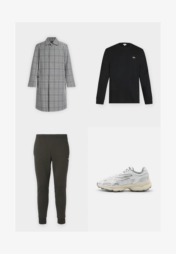 Long manteau à carreaux gris et blanc avec col, fermeture par boutons sur le devant, poches latérales et petit logo crocodile sur la poitrine.; T-shirt noir manches longues à col rond avec un petit logo crocodile vert sur la poitrine gauche, présenté sur un fond clair uni.; Jogging en vert foncé en tissu doux, avec une taille élastique, des poignets côtelés et un petit logo sur le côté.; Baskets de sport blanches avec des accents gris, tige en maille et synthétique, design à lacets et semelle en caoutchouc texturée avec motifs de traction.
