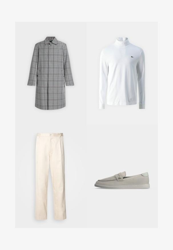 Long manteau à carreaux gris et blanc avec col, fermeture par boutons sur le devant, poches latérales et petit logo crocodile sur la poitrine.; Chemise à col roulé blanche à manches longues en tissu doux, ornée d'un petit logo brodé vert sur la poitrine et de poignets ajustés.; Pantalon en coton beige avec une coupe droite, présentant une fermeture à bouton et des plis sur le devant pour plus de détails.; Mocassin en daim beige clair avec une semelle plate texturée, une sangle pliée sur le dessus et un petit logo en métal sur le côté.