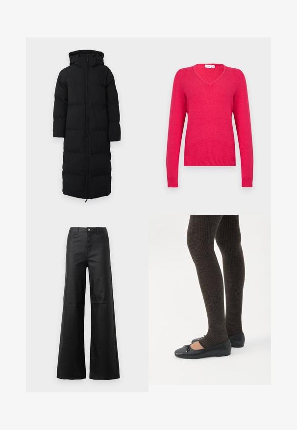 Manteau d'hiver noir long en duvet avec capuche, présentant une fermeture éclair, un design matelassé et des poches latérales. Fabriqué en matériau isolant et résistant à l'eau.; Pull en V de couleur rose vif, fabriqué en matière douce. Manches longues avec poignets et ourlet côtelés pour un ajustement près du corps. Design minimaliste.; Jean noir à jambe large en denim lisse, avec une fermeture à bouton, des poches avant et une taille haute.; Jambes portant des leggings côtelés foncés associés à des ballerines noires avec de petits détails en nœud sur fond blanc.