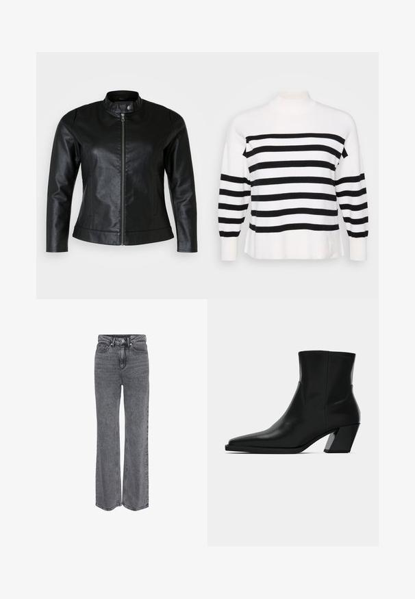 Schwarze Lederjacke mit rundem Kragen, Frontreißverschluss und zwei Seitentaschen. Glatte Textur mit leichtem Glanz und taillierter Passform.; Schwarz-weiß gestreifter Pullover mit hohem Kragen, gerippten Bündchen und lockerer Passform. Weicher, gestrickter Stoff mit gleichmäßigen horizontalen Mustern.; Graue Denim-Jeans mit hoher Taille und geradem Bein, vorne mit Knöpfen und Reißverschluss sowie klassischem Fünf-Taschen-Design.; Schwarze Leder-Stiefelette mit spitzem Zeh, schlanker Silhouette und klobigem quadratischem Absatz. Glatte Textur mit minimalen Nähdetails.