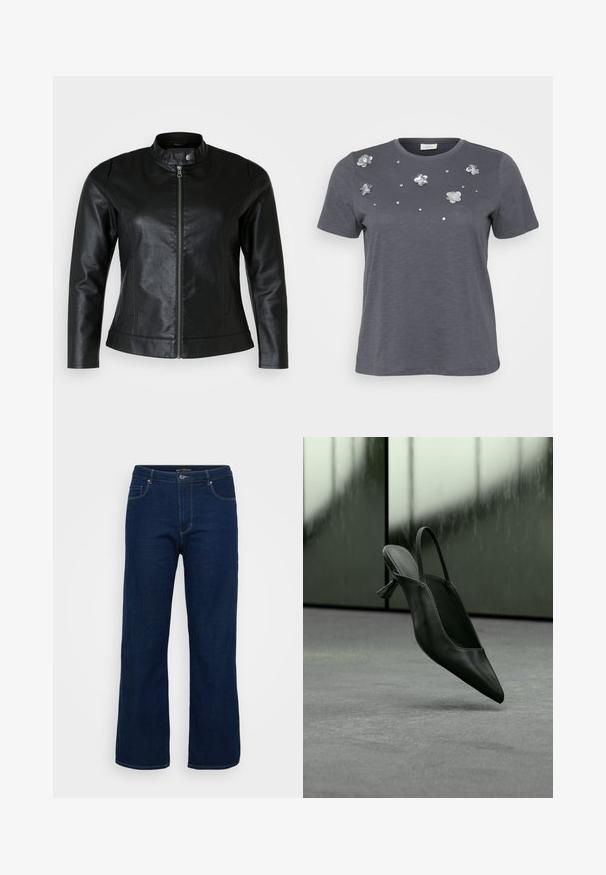Schwarze Lederjacke mit rundem Kragen, Frontreißverschluss und zwei Seitentaschen. Glatte Textur mit leichtem Glanz und taillierter Passform.; Graues Baumwoll-T-Shirt mit kurzen Ärmeln, verziert mit metallischen Blumenapplikationen und Pailletten, die auf der Vorderseite angeordnet sind. Weiche Textur, lässige Passform.; Dunkelblaue Denim-Jeans mit geradem Schnitt, ausgestattet mit einem Reißverschluss, fünf Taschen und sichtbaren Nähten.; Schwarzer Slingback-Highheel aus Leder mit spitzer Schuhspitze, schwebt über grauem Teppichboden, unscharfer grünlicher Wandhintergrund.