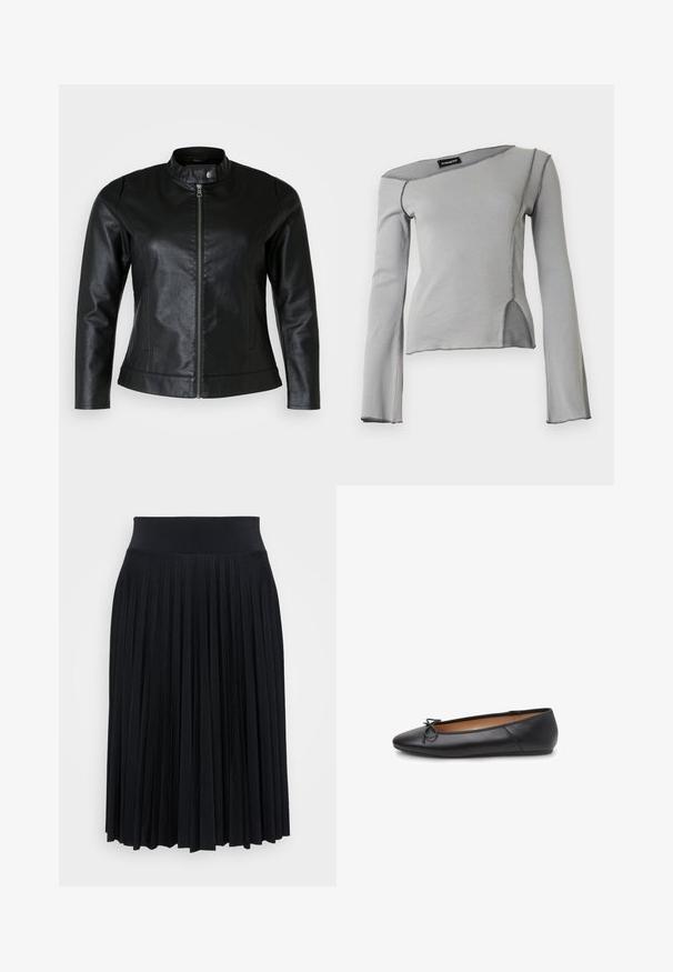 Schwarze Lederjacke mit rundem Kragen, Frontreißverschluss und zwei Seitentaschen. Glatte Textur mit leichtem Glanz und taillierter Passform.; Hellgraues Langarmshirt mit asymmetrischem Halsausschnitt, sichtbaren Nähten und einem vorderen Seitenschlitz.; Schwarzer, plissierter Rock mit einem breiten Bund, gefertigt aus einem weichen Material. Verfügt über vertikale Falten für zusätzliche Textur und Bewegungsfreiheit.; Schwarze Ballettflats aus Leder mit rund zulaufender Spitze, kleinem Schleifendetail vorne und flacher Sohle. Glatte Textur mit elegantem Design.