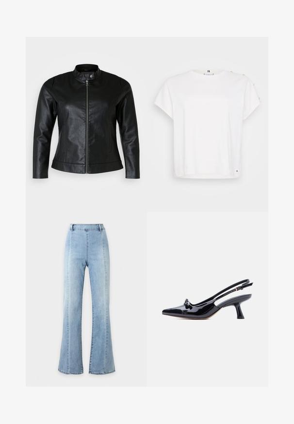 Sort læderjakke med rund krave, frontlynlås og to sidelommer. Glat tekstur med let glans og tætsiddende design.; Tommy Hilfiger Curve BUTTON TEE - T-shirts print - ivory; Lyseblå denim jeans med høj talje og vidde i benene, med enkelt design og bæltestropper, vist mod en ensfarvet hvid baggrund.; Sort laklæder slingback-sko med spids tå, lille knudedetalje og udvidet mellemhøj hæl på hvid baggrund.