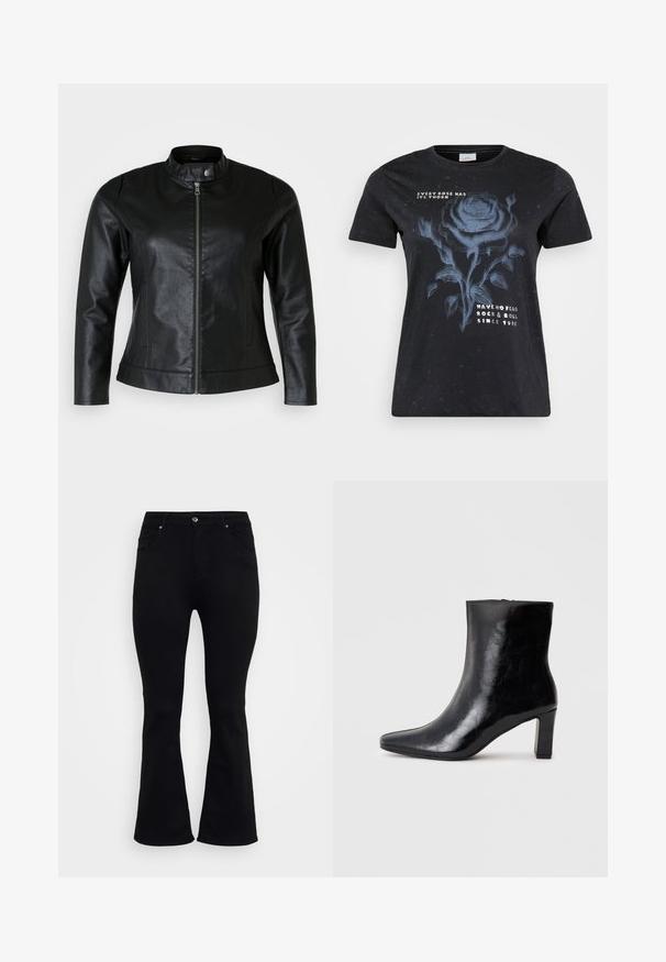 Zwarte leren jas met een ronde kraag, voorritssluiting en twee zijzakken. Gladde textuur met een lichte glans en een slank ontwerp.; ONLY Carmakoma CARMIKO WASHED SS REG TEE JRS - T-shirt print - black; ONLY Carmakoma Flared fit CARWILLY High waist - Flared Jeans - black denim; Zwarte enkellaars gemaakt van glanzend leer, met een puntige neus en een gemiddelde blokhak, voorzien van een gladde textuur en een eenvoudig ontwerp.