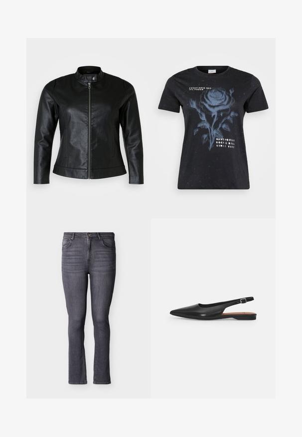 Zwarte leren jas met een ronde kraag, voorritssluiting en twee zijzakken. Gladde textuur met een lichte glans en een slank ontwerp.; ONLY Carmakoma CARMIKO WASHED SS REG TEE JRS - T-shirt print - black; Slim-fit grijze spijkerbroek met vijf zakken, een knoop- en ritssluiting aan de voorkant, met subtiele vervaging en stikseldetails.; Zwarte leren slingback schoen met een spitse neus, subtiele glans en een verstelbare enkelband. Platte hak met een brown inlegzool.