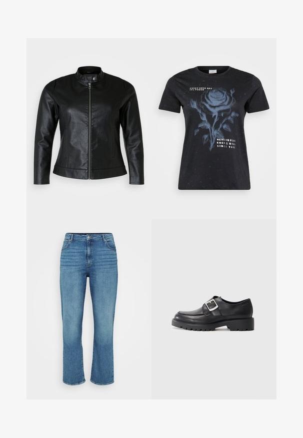 Schwarze Lederjacke mit rundem Kragen, Frontreißverschluss und zwei Seitentaschen. Glatte Textur mit leichtem Glanz und taillierter Passform.; ONLY Carmakoma CARMIKO WASHED SS REG TEE JRS - T-Shirt print - black; Helle blaue Denim-Jeans mit geradem Bein, fünf Taschen, Gürtelschlaufen und dezentem Verbleichungseffekt auf der Vorderseite.; Schwarze Lederschuhe mit einer abgerundeten Spitze, ausgestattet mit einem seitlichen Schnallen-Detail und einer dicken, robusten Sohle. Glatte Textur mit minimalen Nähten.