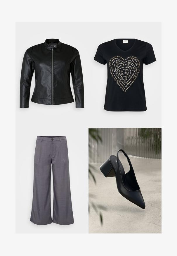 Schwarze Lederjacke mit rundem Kragen, Frontreißverschluss und zwei Seitentaschen. Glatte Textur mit leichtem Glanz und taillierter Passform.; Schwarzes V-Ausschnitt-T-Shirt mit einem herzförmigen Textdesign in hellbeige, das Worte über Liebe, Mitgefühl und Engagement in Schreibschrift zeigt.; Graue weit geschnittene Hose aus glattem Stoff, mit einem vorderen Knopfverschluss, Falten und einem lässigen Schnitt bis zum Knöchel.; Schwarze Leder-Slingback-Pumps mit spitzem Zehenbereich und Blockabsatz. Glatte Textur, minimalistisches Design und verstellbarer Knöchelriemen.