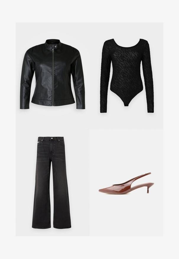 Zwarte leren jas met een ronde kraag, voorritssluiting en twee zijzakken. Gladde textuur met een lichte glans en een slank ontwerp.; Zwarte bodysuit met lange mouwen en een textuurpatroon, met een ronde halslijn en een aansluitende pasvorm, gemaakt van een transparant materiaal.; Zwarte wijde denim jeans met knoop- en ritsluiting aan de voorkant, riemlussen en vijf zakken.; Glanzende bruine slingback kitten heel met puntige neus en lage, slanke hak op witte achtergrond.