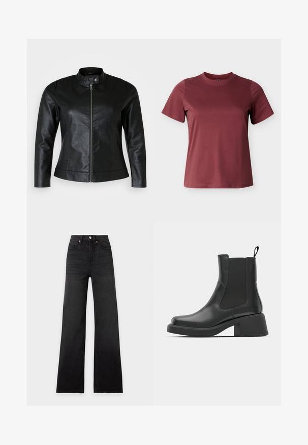 Schwarze Lederjacke mit rundem Kragen, Frontreißverschluss und zwei Seitentaschen. Glatte Textur mit leichtem Glanz und taillierter Passform.; Bordeauxrotes Kurzarm-T-Shirt aus weicher Baumwolle, mit Rundhalsausschnitt und einer glatten, gleichmäßigen Textur ohne sichtbare Muster oder Akzente.; Schwarz hoch taillierte Jeans mit weitem Bein, vorderem Knopf, Reißverschluss und Fünf-Taschen-Stil auf hellem, flachem Hintergrund.; Schwarze Leder-Stiefeletten mit elastischen Seitenpanelen, abgerundetem Zehenbereich und einem klobigen Blockabsatz. Glatte Textur mit einem minimalistischen Design.