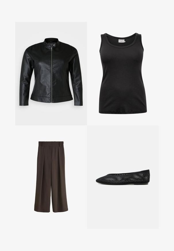 Sort læderjakke med rund krave, frontlynlås og to sidelommer. Glat tekstur med let glans og tætsiddende design.; Sort tanktop lavet af ribbet stof. Har en rund halsudskæring og brede stropper. Simple design uden mønstre eller udsmykninger.; Brune bukser med vide ben, plisseringer, bæltestropper og skjult lukning foran, vist mod en hvid baggrund.; Sort mesh flad sko med lukket tå og lav hæl, med åndbar vævet design og diskret side-logo.